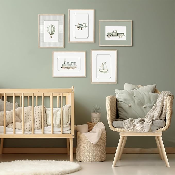 Sage Green Nursery Wall Art Boys Room Canvas Poster Kids Wall Decor Vintage Vehicle Prints Baby Toddler Pictures Transportation Plane Painting Train Truck Artwork for Bedroom 12x16 Inch Wood Framed