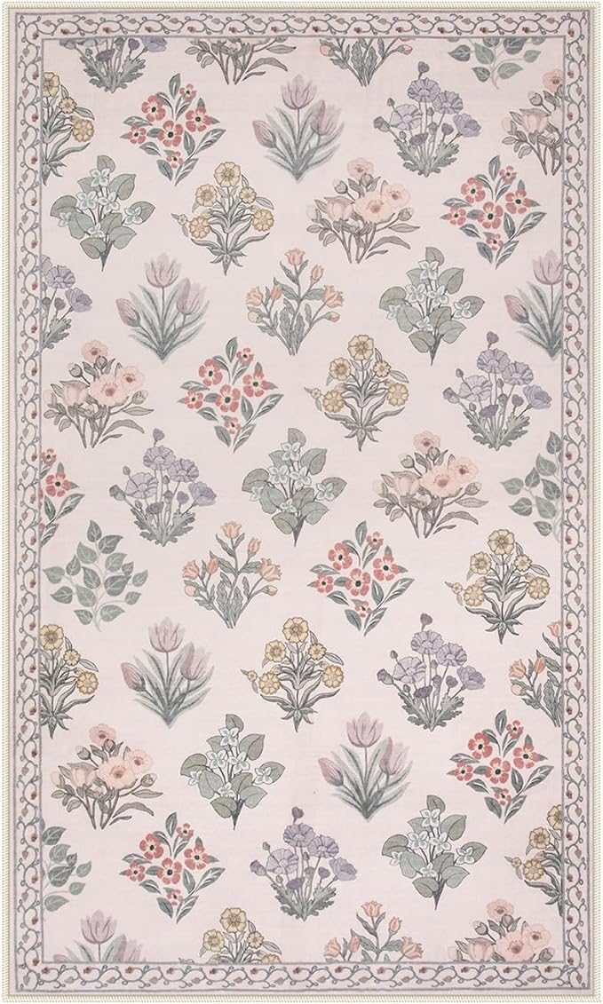 Wonnitar Floral 3x5 Washable Rug, Ultra-Thin Pink Small Rugs for Bedroom, Soft Ultra-Thin Non Slip Entryway Indoor Decor Carpet for Bedside Decor Office Girls Room Dorm, Pale Pink