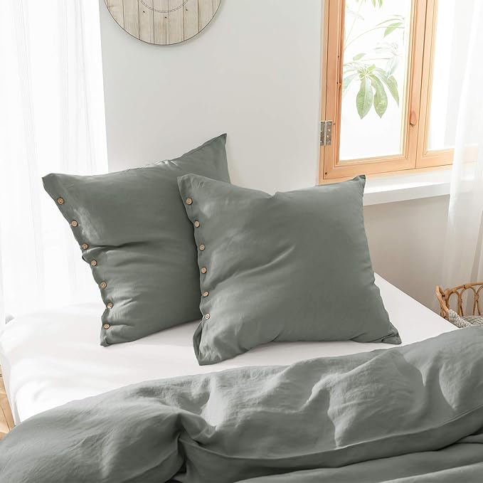 Simple&Opulence 100% Washed Linen Euro Sham Cover, 26 x 26 Inch, Decorative Bed Pillow Cover with Coconut Button, Solid Color Pillow Shams Set of 2 (Greyish Green)
