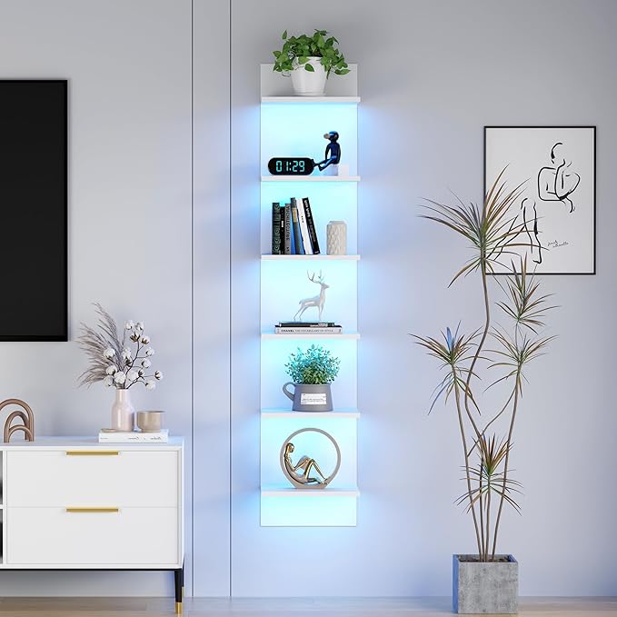 Qupui 6 Tier Wall Shelf Unit with LED Light, Floating Storage Home Decor Organizer Shelving for Bedroom Living Room, White