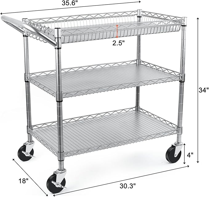 BolDuck Heavy Duty Utility Cart, 990Lbs Capacity 3 Tier Rolling Carts with Wheels, Kitchen Cart on Wheels with Storage, Commercial Grade Metal Serving Carts with Wire Shelving &Handle Bar, Silver