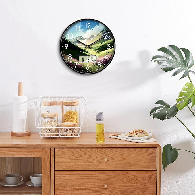 12 Inch Mountain Wildflowers Wall Clock, Silent Non-Ticking Battery Operated Analog Clock with LCD Calendar & Temperature Display, Modern Wall Clock for Living Room, Bedroom, Farmhouse, Cottage Decor