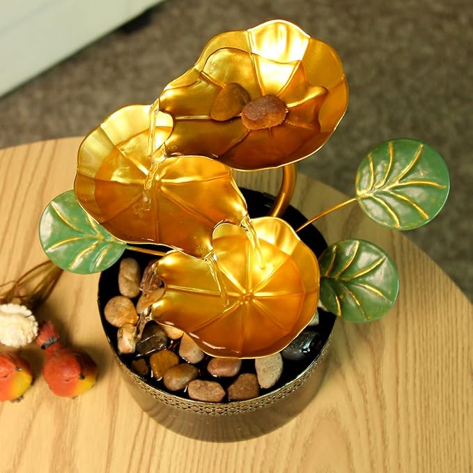 TiCin Tabletop Water Fountain with Gold Lotus Flowers, 9.8 x 6 x 6 inches, USB Powered, Indoor Relaxation Decor with Rocks