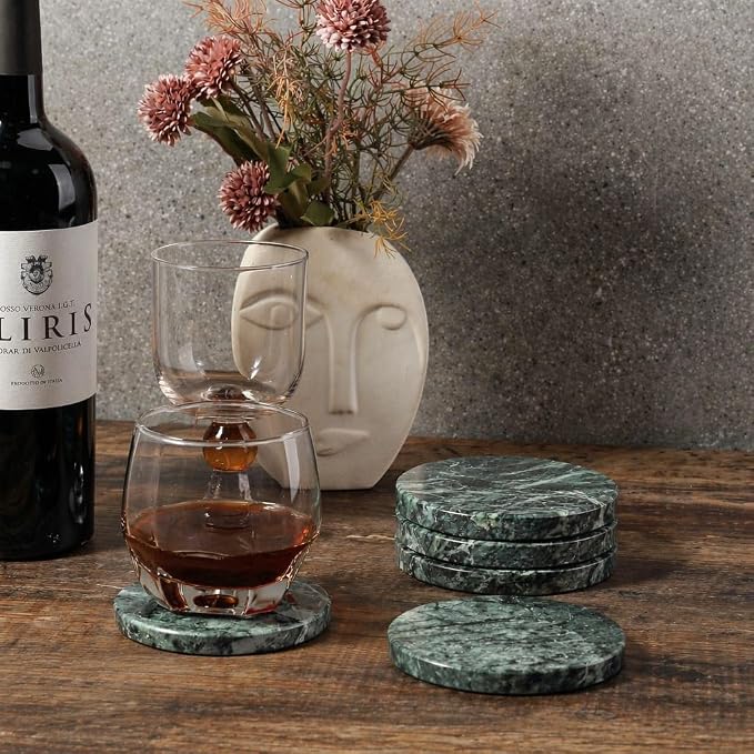 Koville Marble Coasters, Round Modern Coaster Set of 4 for Drinks, 4" Stone Coaster Heat Resistant, Decorative Marble Coasters for Coffee Table Home Bar Decor, Gift Choice(Verde Alpi)