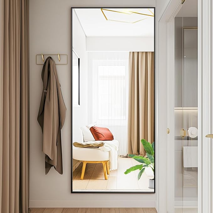 DUMOS 26"x68" Full Length Mirror with Stand, Floor Standing Aluminum Frame, Shatter-Proof Nano Glass for Bedroom, Living Room, Cloakroom – Modern Simple Home Decor,Can Be Hanging or Leaning, Black