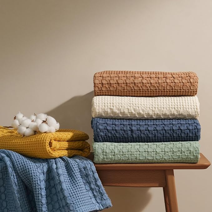 PHF 100% Cotton Waffle Blanket Twin Size for College Dorm, Lightweight Breathable and Soft for Summer, Luxury Aesthetic Waffle Weave Blanket for Bed & Gifts for Women, 66"x90", Mint Green