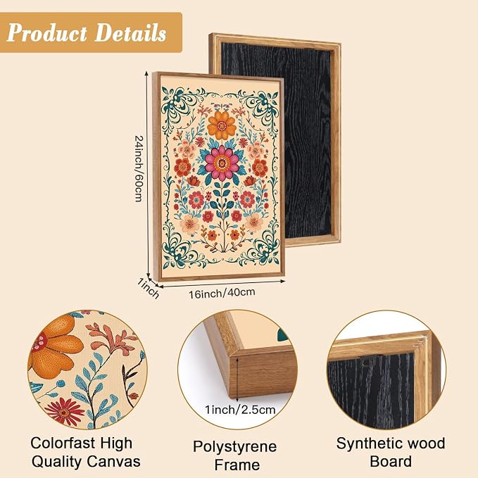 HOURIA 3Pcs Framed Mexican Floral Canvas Wall Art (16"x24"), Abstract Orange Botanical Latin Folk Wall Decor, Vintage Mid Century Modern Tropical Flower Art Print for Office Farmhouse Bedroom