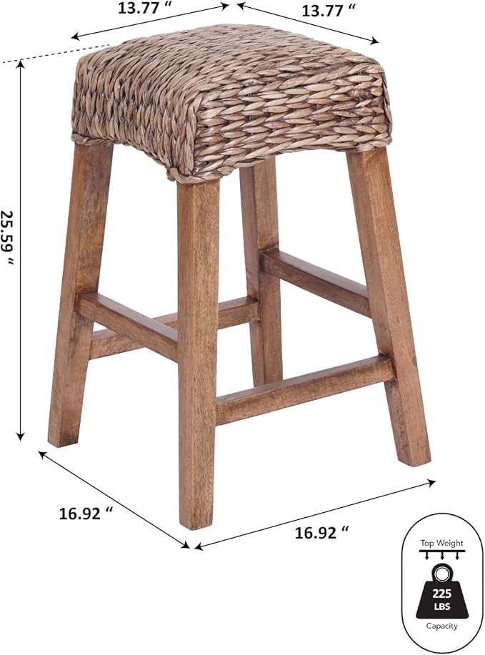JONATHAN Y Maui Coastal Woven Water Hyacinth Counter Stool, Mango Wood Frame, 26" Backless Counter Stool for Kitchen Island with Integrated Footrest, Fully Assembled, Coastal, Brown Wash CSL1101A