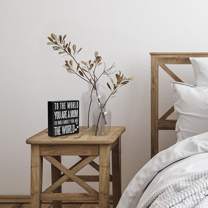 TJ.MOREE Birthday Gifts for Mom, Christmas Gift for Mother 6x6 Wood Box Sign “To the World You Are a Mom, But to Our Family You Are the World” Rustic Home Décor – Mother’s Day Gifts from Son, Daughter