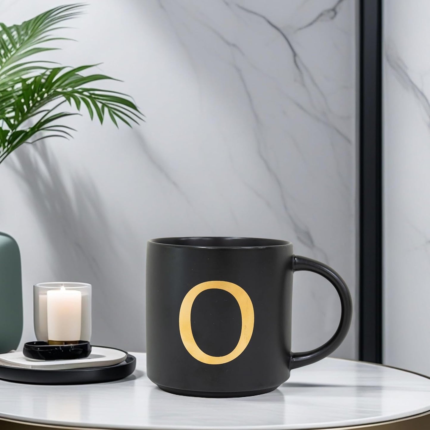 COLLECTIVE HOME - Monogram Ceramic Mugs, 15 oz Golden Initial Black Coffee Cups, Elegant Alphabet Tea Mugs, Elegant Personalized Mug with Gift Box, Unique Mug with Double Side Capital Lette (O)