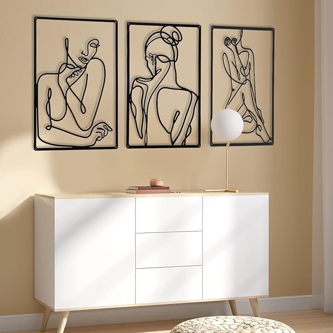CHENGU 3 Pieces Metal Minimalist Abstract Woman Wall Art Line Drawing Wall Art Decor Single Line Female Home Hanging for Kitchen Bathroom Living Room