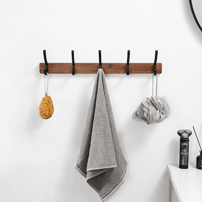 Coat Rack Wall Mounted, Heavy Duty Walnut Wood Hook Rack Rail with 5 Double Dual Metal Wall Hooks for Hanging Coats, 19.7" Long Hanging Coat Hanger for Entryway, Bathroom, Bedroom (Black)