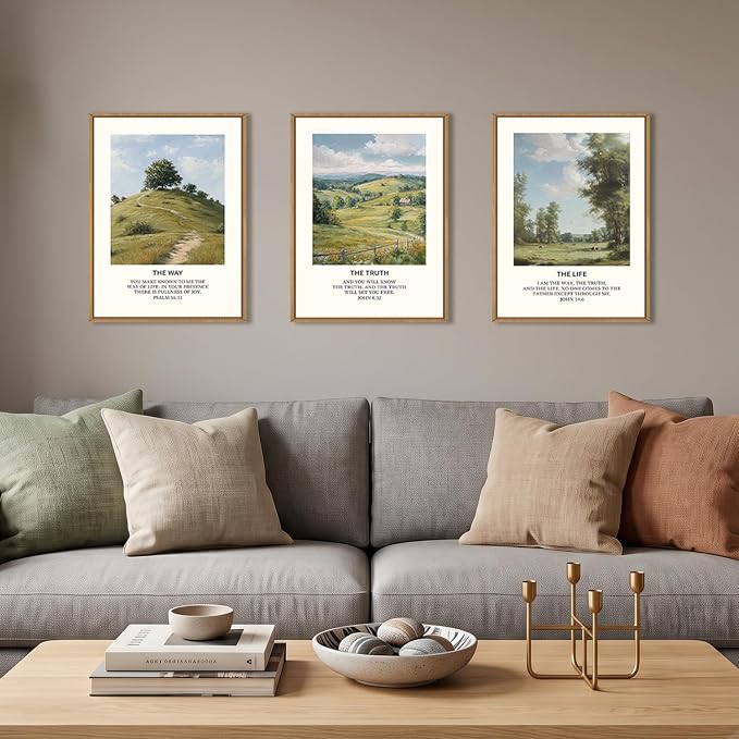 Christian Bible Framed Canvas Wall Art Set,Jesus Verse Vintage Wall Decor,Nature Scripture Landspaces Art Prints,Religious Artwork for Living Room,Dining Room,Farmhouse-12 x16 x3