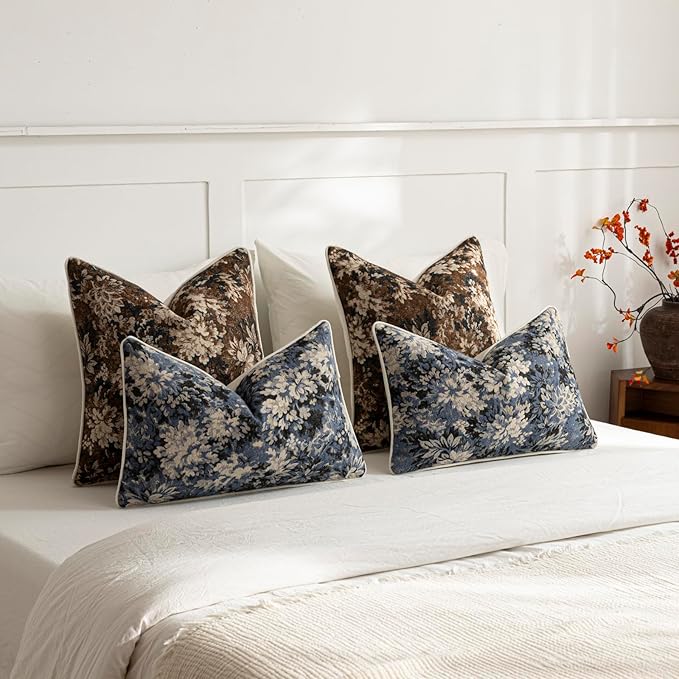 DEZENE Pack of 2 Vintage Floral Throw Pillow Covers 16x16 Boho Farmhouse Accents Chenille Square Decorative Pillow Cases for Living Room Couch Bed Home Decor, Dark Brown