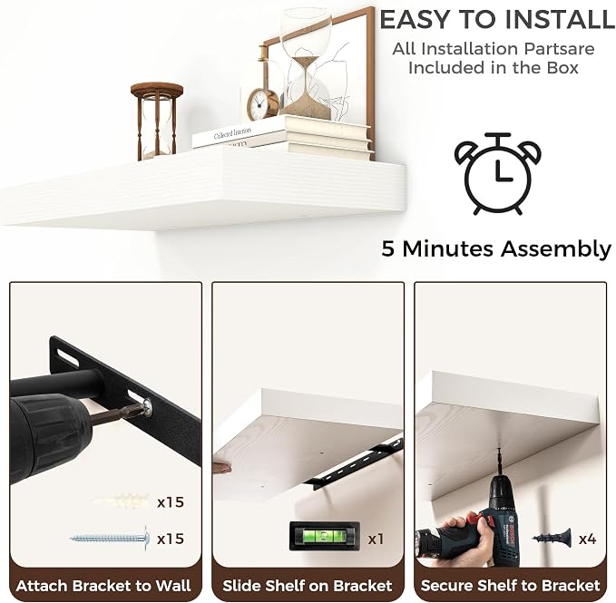 Venusmiles Floating Shelves for Wall, 72 Inch Floating Shelves Set of 1, 6.5" D Wooden Wall Mounted Display Shelves with Invisible Brackets for Living Room, Bedroom, Bathroom, Kitchen Decor, White