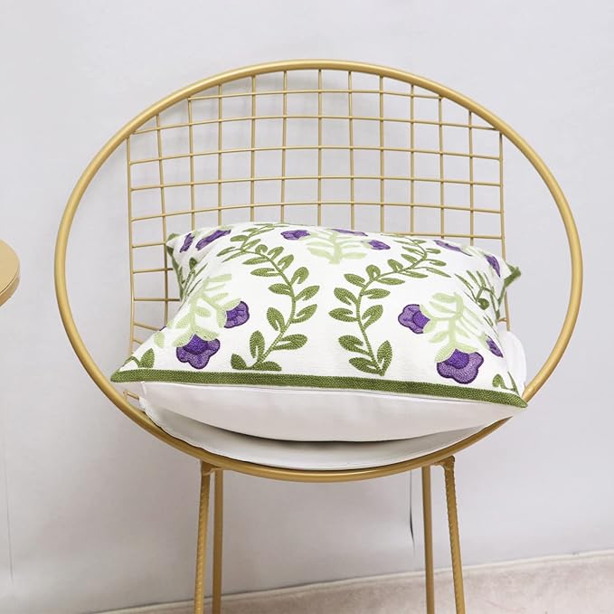 Set of 2 Embroidered Decorative Throw Pillow Covers Couch Square Pillowcases Cushion for Bedroom Sofa Farmhouse Decor 18x18 Inch (Purple Floral)