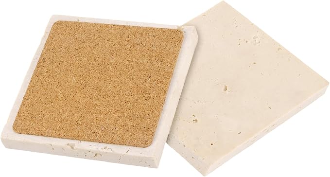 6 Pack 4 Inch Square Travertine Coaster, Absorbent Marble Coaster with Cork Pad Travertine Drink Coasters Stone Coasters for Home Decor, Coffee Tabletop
