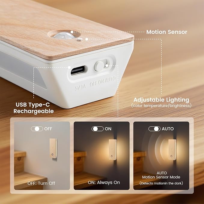 Battery-Operated Motion Sensor Night Light, Magnetic 3-Color Dimmable Motion Sensor Closet Night Light, for Bedroom, Hallway, Kitchen & Stairs
