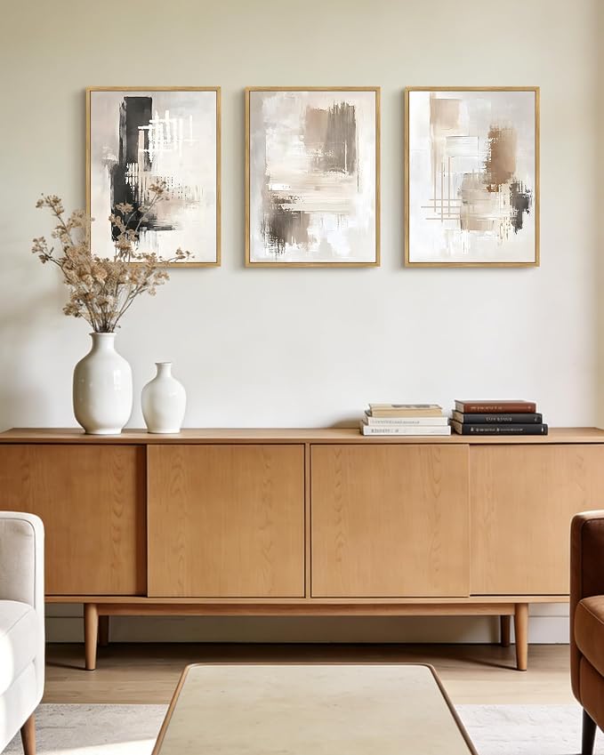 PHOPAGO Abstract Framed Wall Art Mid Century Modern Minimalist Beige Pastel Watercolor Neutral Wall Decor for Living Room Bedroom - 12x16in Natural Framed