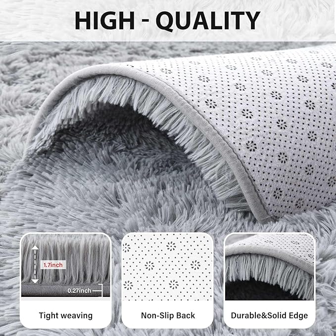 FinRèc 6x9 Feet Rugs for Living Room Bedroom, Soft Light Grey Fluffy Area Rug, Non-Slip Solid Shag Rug for Nursery Kids Room Dorm Room Home Decor, Indoor Floor Carpet