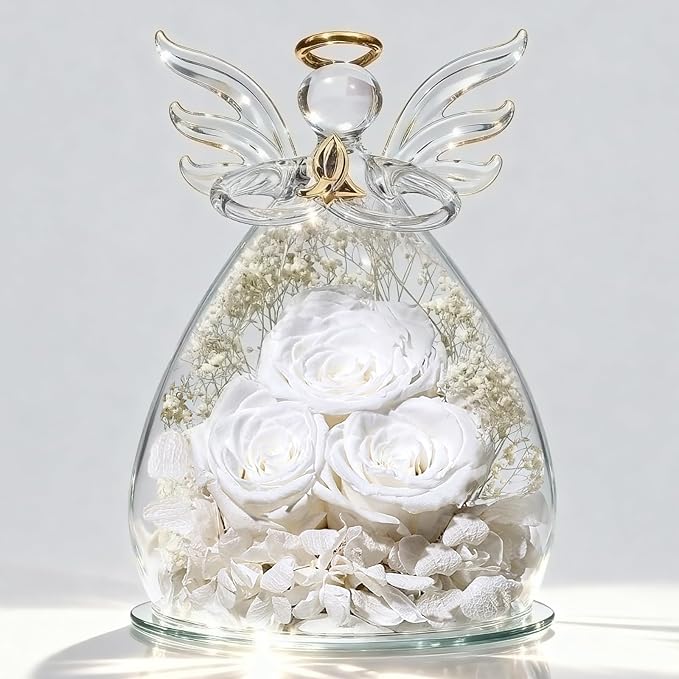 Beferr Mothers Day Mom Birthday Gifts for Women, Fresh Flowers for Delivery Forever Preserved Rose in Glass Angel Figurine, Anniversary Christian Real Rose for Grandma Nana Wife Mum from Daughter Son