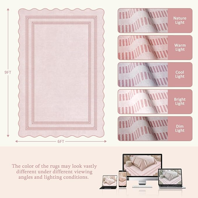 Pink Rugs for Bedroom Girls, 6x9 Washable Non Slip Area Rugs for Living Room, Soft Vintage Ultra-Thin Scalloped Carpet for Nursery Dorm Home Decor
