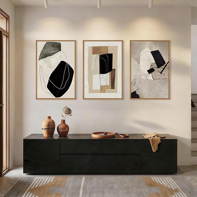 DRACIT Large Abstract Neutral Framed Canvas Wall Art Set,Modern Beige Black Artwork for Walls,Minimalist Block Wall Decor for Living Room, Bedroom,Office-24 x36 x3