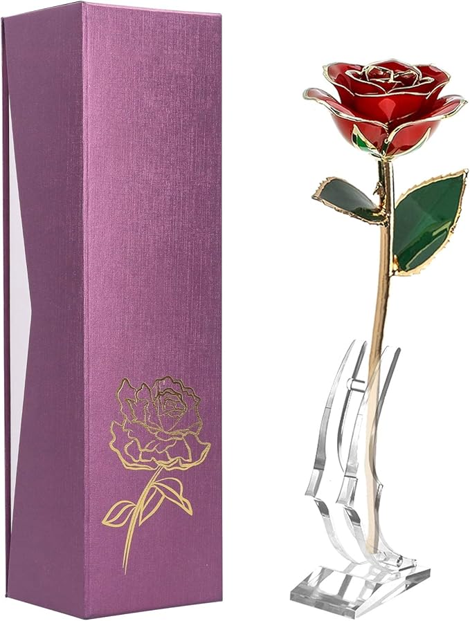 Red Rose Dipped Gold, Golden Plated Eternal Rose Flower with Crystal Stand for Her, Gift for Wife Mom Girlfriend Daughter