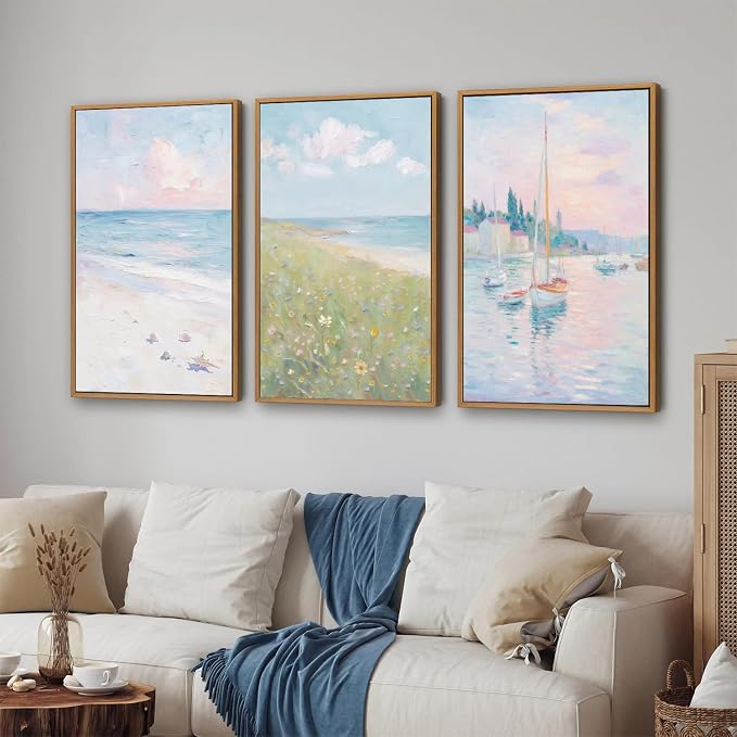 Rantodecor Impressionist Framed Canvas Wall Art, Vintage Italy Coastal Sailboat Wall Decor, Light Blue and White Posters Art Prints, Pastel Beach House Artwork for Bedroom Living Room Office 24"x36"x3