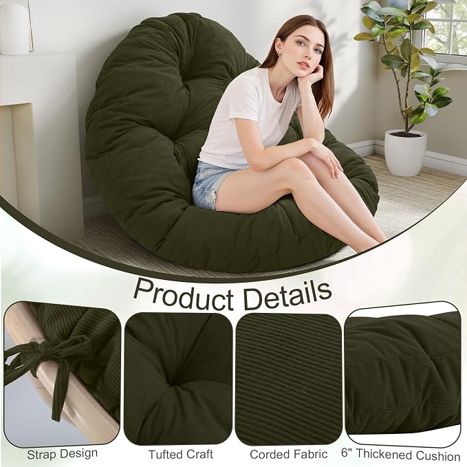 idee-home Papasan Chair Cushion, Circle Papasan Chair Cushion(Cushion Only) | Papasan Cushion with Thick Corduroy Cover, 48 x 48 Inch Cushion for Egg Chair, Green