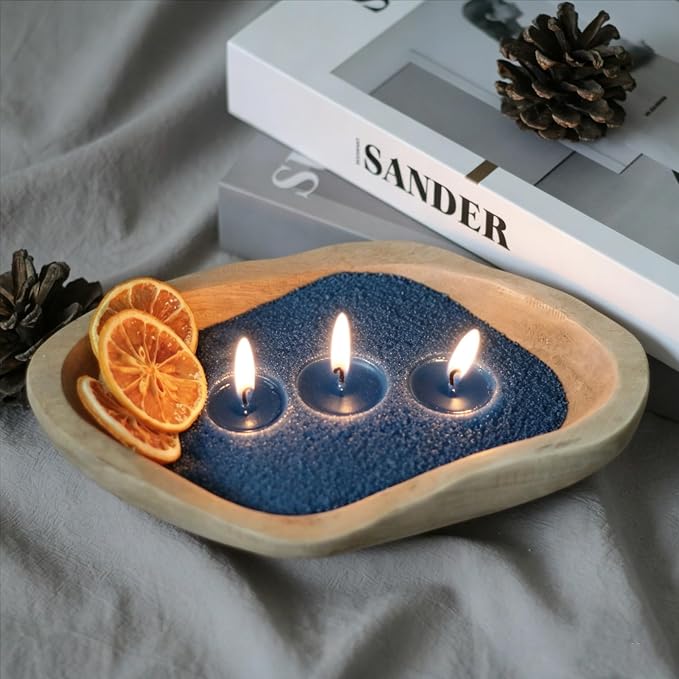 GrusoSP Reusable Wooden Dough Bowl Candle with 18 Oz Pearled Candle Sand and 30 Wicks Unscented Palm Sand Wax Refillable Powder Candles DIY Wax Making Kit (Navy Blue)