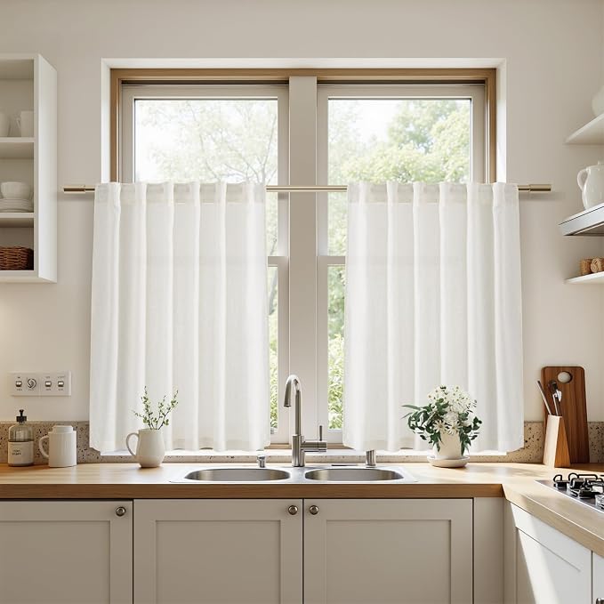 Nanspring Beige White Linen Curtains 36 Inch Length Cortinas para Cocina Kitchen Semi Sheer Short Curtains for Half Window Back Tab Rod Pocket Cafe Basement Small Curtain 36 x 36 Inch, 2 Panels