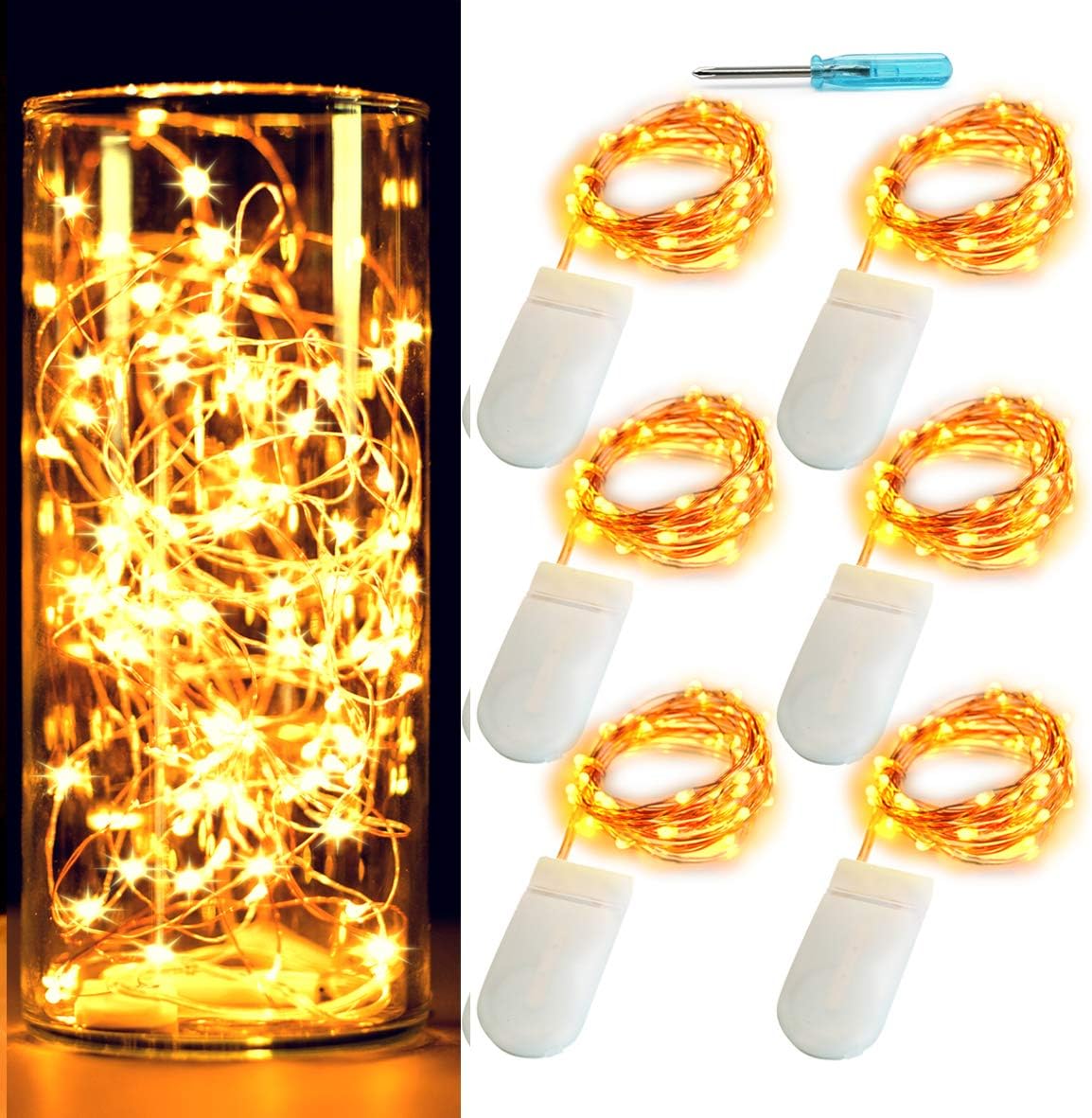 OakHaomie 6 Pack 10ft(3m) LED Starry String Lights 30 Micro LEDs on Copper Wire,2pcs CR2032 Batteries Required and Included,for DIY Wedding Christmas Centerpiece Table Decorations(Amber)