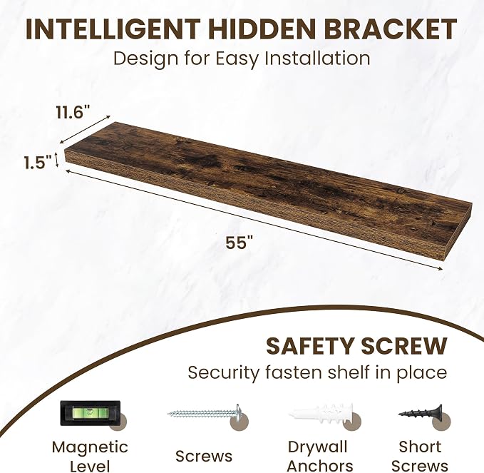 55 Inch Floating Shelves for Wall,12 Inch Deep Wall Shelves for Bathroom,Living Room,Bedroom,Decor,Floating Shelf with Invisible Heavy Duty Metal Bracket,Deep Long Shelf Wall Mounted,Rustic Brown