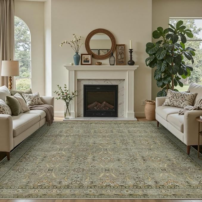 Rugxara 8x10 Area Rugs for Living Room Bedroom, Large Washable Rug, Vintage Floral Boho Rug, Non Slip & Low Pile Faux Wool Thin Carpet for Indoor Dining Room and Kids Room(Olive Brown 8x10ft)