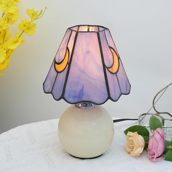 Tiffany Style Moon Mushroom Stained Glass Table Lamp Cute Small Table Lamp Bedroom Bedside lamp Living Room Dining Room Office Decoration Desk lamp Home Decoration Creative Gift Scene Props