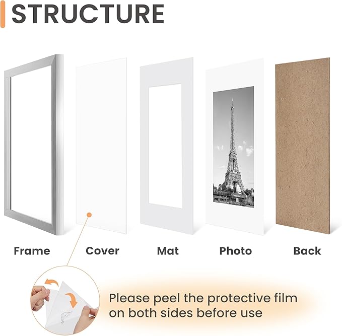 upsimples 11x14 Picture Frame Set of 5, Display Pictures 8x10 with Mat or 11x14 Without Mat, Wall Gallery Photo Frames, Silver