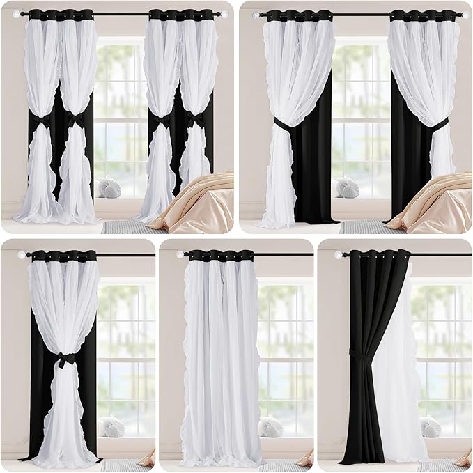 PONY DANCE Girls Curtains for Bedroom Decorative Drapes for Kids Double Layer Curtain Ruffle Sheer Overlay Room Darkening Pretty Chic Princess, 52x84 inch, Black, 2 PCs