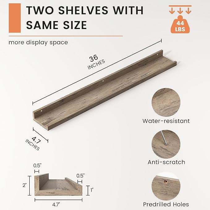 FLYJOE Picture Ledge Shelf, Floating Shelves Set of 2, 36 Inches Long Large Nursery Book Shelves for Toys Storage, Kids Bookshelf Wall Mounted for Living Room Bedroom Decor Books Photo Frames, Grey