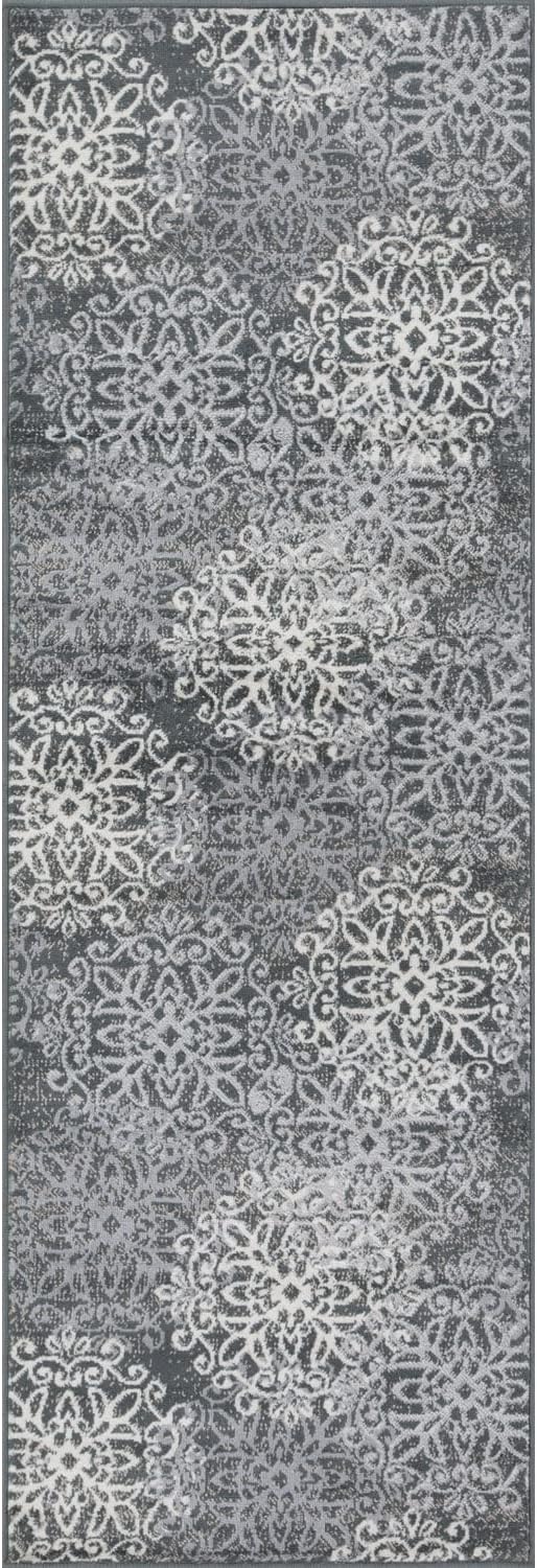 Superior Indoor Runner Rug, Jute Backed, Perfect for Entryway, Office, Living/Dining Room, Bedroom, Kitchen, Hardwood Floor, Floral Scroll Decor, Leigh Collection, 2' 7" x 8', Slate