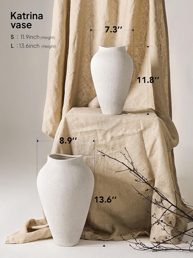 White Ceramic Vase - Large 13.6 Inch Tall Floor Vase for Centerpieces, Farmhouse Flower Vases, Rustic Minimalist Home Decor for Living Room, Enterway, Wedding (Sandstone White)
