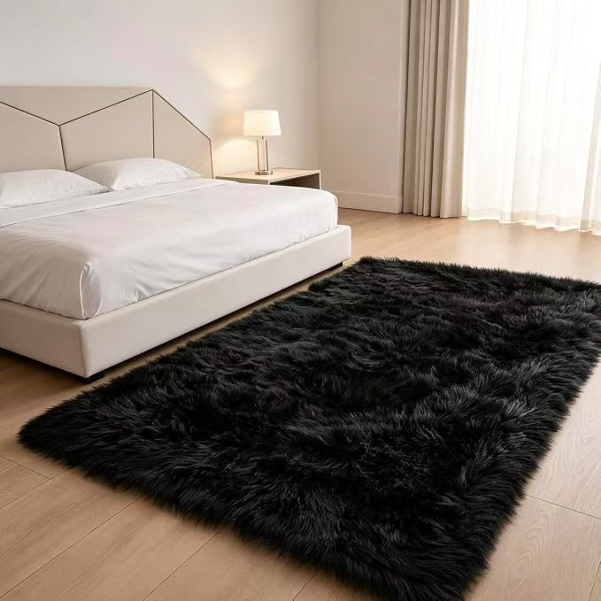 Faux Fur Rug Black Sheepskin Area Rug,Ultra Soft 4x6 ft Rectangular Shaggy Plush Rug for Bedroom Sofa Floor Bedside Living Room Kids Room