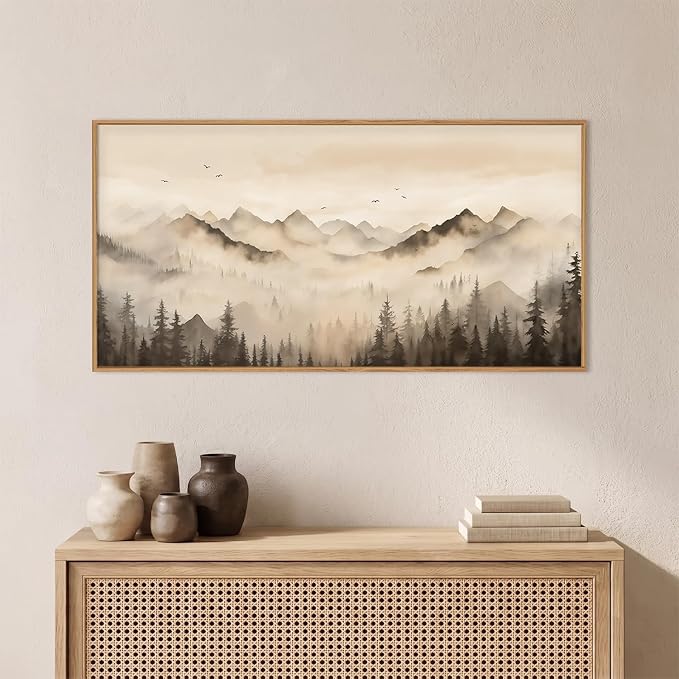 Neutral Misty Mountain Forest Framed Canvas Wall Art Set,Nature Foggy Pine Tree Landscape Wall Decor,Watercolor Beige Brown Scenery Artwork for Living Room,Bedroom,Office-40 x20 x1
