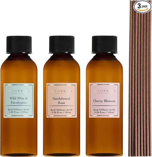 COCORRÍNA Reed Diffuser Refill Set, 10.2oz Scented Oil Refill 3 Pack, Sandalwood Rose, Cherry Blossom, Wild Mint & Eucalyptus, Long Lasting Oil Diffuser Refill with18 Sticks for Bathroom & Bedroom