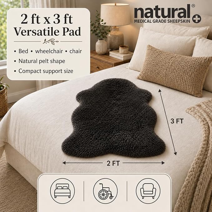 Natural Sheepskin for Bed Sores and Skin Irritation | Hastings 100% Real Medical Sheepskins with Non-Slip Back for Pain Relief and Discomfort, Wool Seat Pad, Charcoal Grey, 2 ft x 3 ft