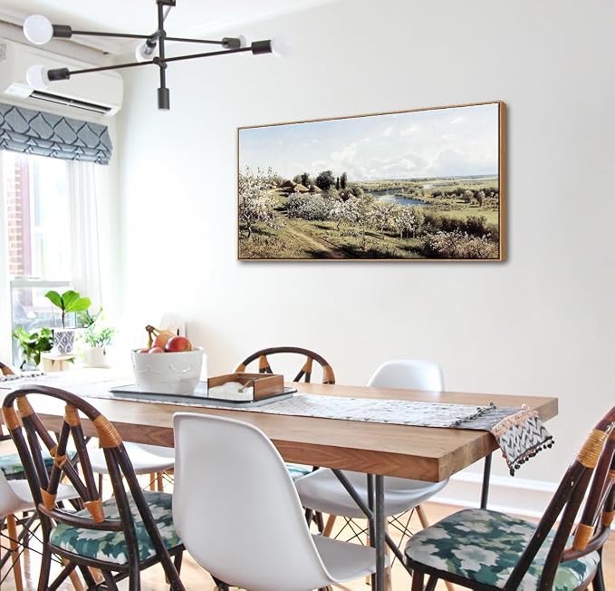 DJSYLIFE Farmhouse Apple Blossoms Landscape Framed Wall Art for Living Room | 20x40 Inch Vintage Canvas Print, Solid Wood Inner & Outer Frame, Ready to Hang, Rustic Country Decor for Bedroom & Dining
