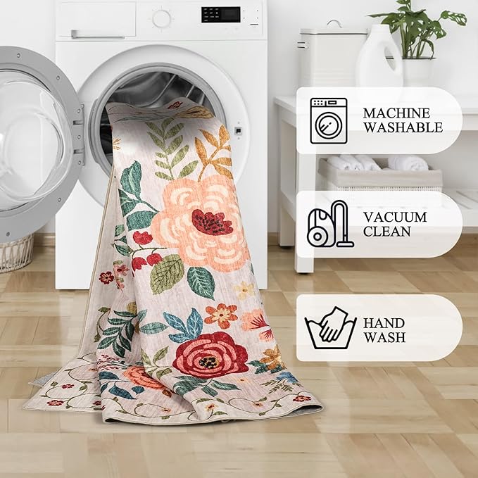 DUKINO Runner Rug, 2.6x8 Kitchen Runner Rug for Hallway with Non Slip Backing, Washable Low Pile Soft Boho Floral Carpet for Hallway, Kitchen, Entryway, Laundry, Bedroom, Beige