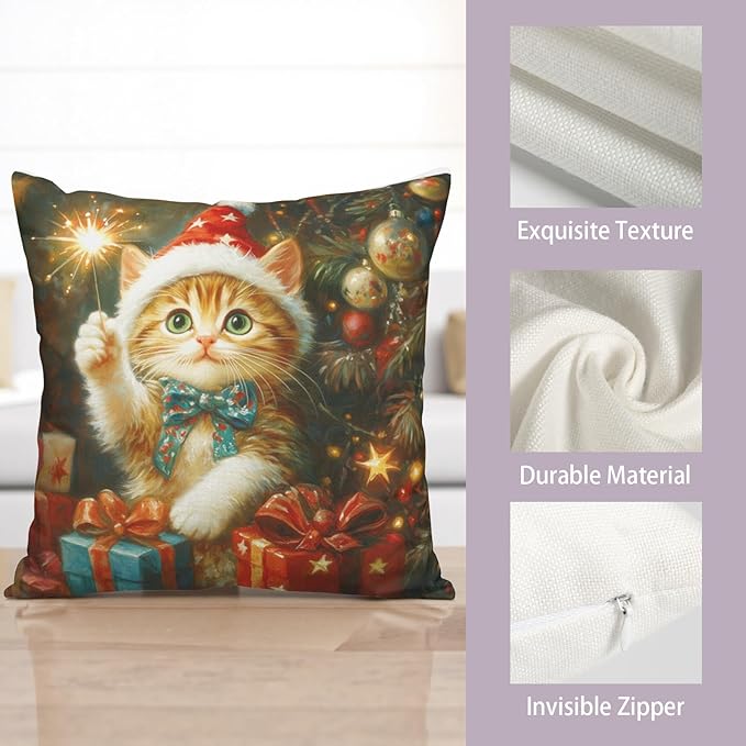 Christmas Pillow Covers 20x20 Set of 2 Adorable Cat Xmas Throw Pillow Covers Lovely Kitten Holding Sparklers Pillowcase Cotton Linen Cushion Case for Holiday Decor Sofa Couch