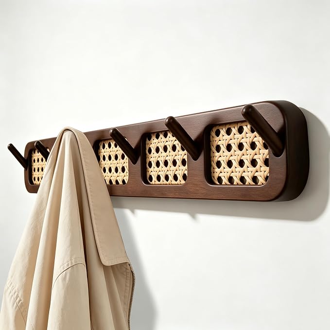 Coat Rack Wall Mount, Rattan Coat Hooks Hanger Wall Mounted | 6 Heavy Duty Bamboo Hooks Rack Rail for entryway Hanging Clothes Hats Bags Jackets Towels Plants,Natural