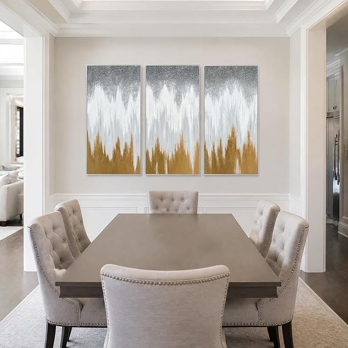 SAFERRYHOME Abstract Hand Painted Wall Art, Gold White Gray, 20"x40"x3 | 3D Textured Framed Canvas Wall Decor, Modern Golden Painting Minimalist Geometric Artwork for Home Office Living Room Hallway
